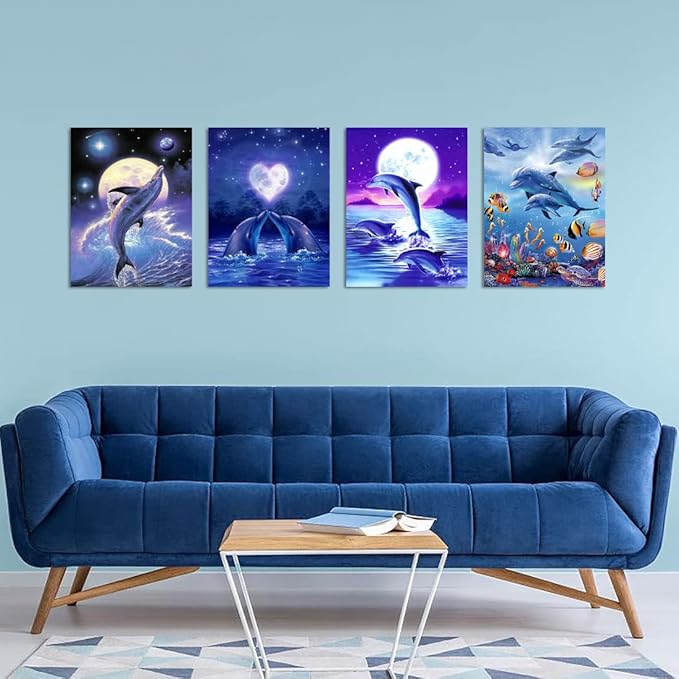 Muzagroo Art 4 Pack Diamond Paintings Kits for Adults 5D Diamond Art DIY with Round Full Drill Diamonds for Beginners Dolphins Diamond Wall Art for Living Room