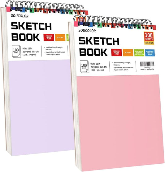 soucolor 9"x12" sketch book 2-pack: bithday art supplies, creative gift set for birthdays, art projects, and all-season crafting