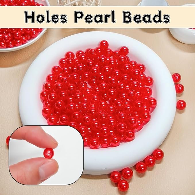 Pearl Beads for Jewelry Making Holes ABS Craft Beads with Holes for Jewelry Making, Bracelet, Necklace Crafting Bulk Bead Kit (8mm, Red/750 pcs)