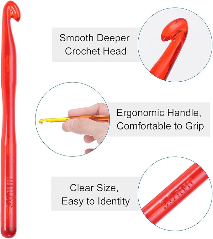 uxcell Crochet Hooks 9mm Ergonomic Knitting Needle Plastic Colorful Transparent Crochet Hooks for DIY Crocheting Yarn Blanket Carpet Weaving, Red