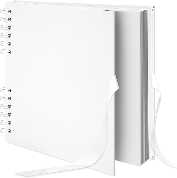 8x8 inch Scrapbook Photo Album DIY Picture Book 40 Pages, Thick Kraft Paper Scrap Book Album with Silk Ribbon Wedding Guest Book Memory Book for Baby, Family, Travel (White)