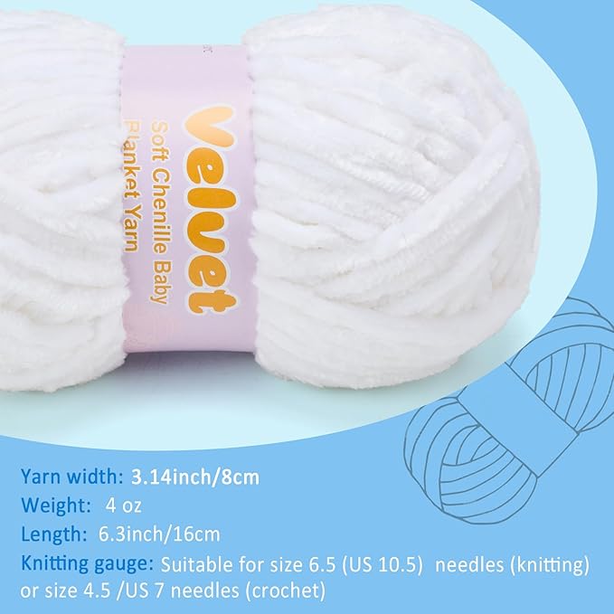 Velvet Yarn Chenille Yarn for Crocheting and Knitting Soft Chenille Bulky Baby Blanket Yarn DIY Weaving Craft 8pack White(4oz 66yds Each)