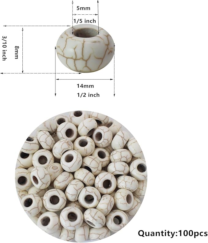 PAMIR TONG Large Hole Turquoise White Beads for Bracelet 100pcs European Gemstone Beads Howlite Rondelle Space Craft Beads for Pens-DIY Charms-Jewelry Making (White Large Beads)