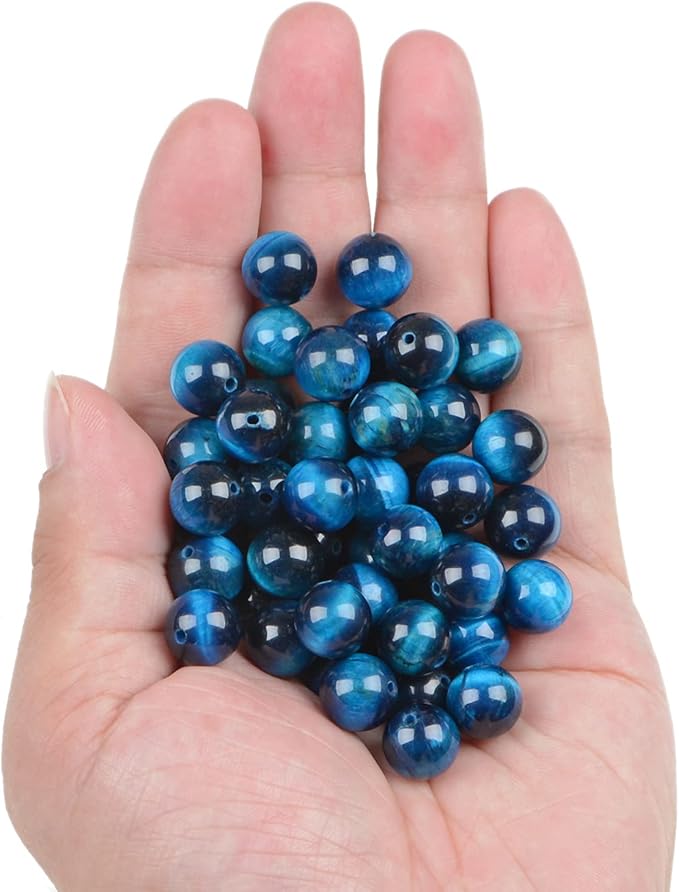 bymitel 90pcs crystal beads stone gemstone round energy healing loose beads with stretch cord for jewelry making bracelets anklets (blue zircon tiger's eye, 10mm 90pcs)