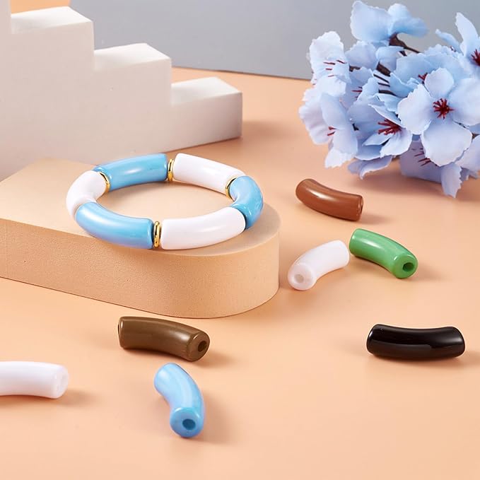 60Pcs Acrylic Chunky Tube Beads with Brass Rhinestone Spacer Beads & Elastic Crystal Thread, 10 Colors Opaque Curved Tube Beads for Bamboo Bangles Bracelet Jewelry Making