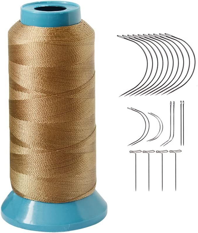 Hair Weaving Thread with C/J/I/T Needles 1500 Yards 210 D Strength Polyester Thread Sewing Thread for Making Wigs Hair Extension Kit (Dark Blonde)