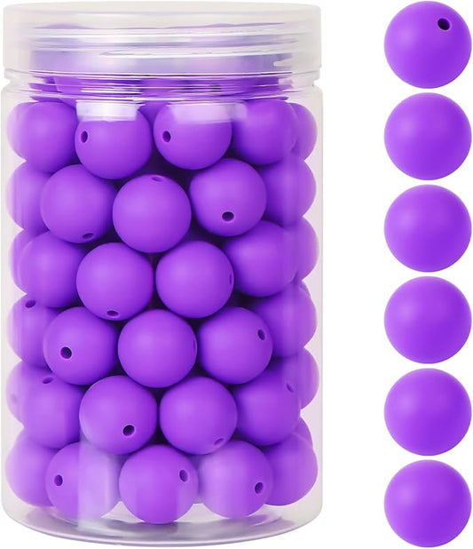 110 Pcs Silicone Focal Beads, EVERMARKET 15mm Silicone Beads for Keychain Making, Round Silicone Beads Bulk with Bottle, Rubber Loose Beads for Pens Crafts Necklace Bracelet Lanyard (Purple)