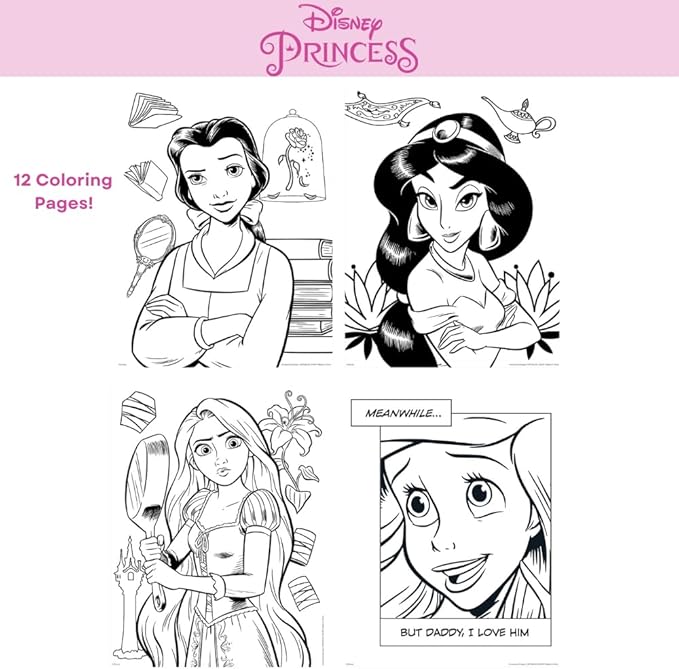 Disney Princess Coloring Book for Adults and Kids, Black & White Sheets, Velvet Coloring Pages, Stickers, Washable Markers