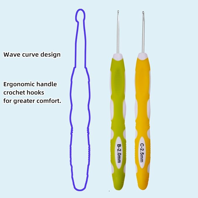 2mm 2.5mm Crochet Hook, Smooth Metal Head and Soft Rubber Grip Extra Long Ergonomic Crochet Hooks for Arthritic Hands, Beginners and Crochet Enthusiast