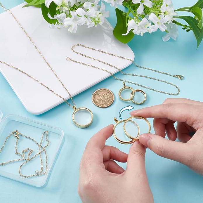 UNICRAFTALE 3 Sets Real 18K Gold Plated Memory Locket Charm Stainless Steel Flat Round DIY Picture Photo Necklace Making Kit Crystal Locket Pendants Glass Floating Charm for Jewelry Making