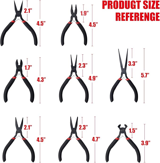 wiseup 8-piece mini pliers set，needle, round, flat, long, bent nose, diagonal, end cutting & linesman pliers for crafting, electronics & jewelry making，with pouch