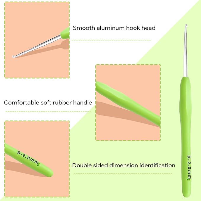 2mm Crochet Hook, Ergonomic Crochet Hooks with Soft Rubber Handle and Smooth Glide Head - Lightweight Aluminum Needles for Beginners, Arthritis, Yarn Projects, Long Crafting Sessions (2.0 mm)