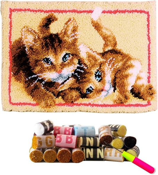 DL-YTG Latch Hook Kits Rug Cat Crochet Yarn Cushion Colour Pre-Printed Canvas Cover Rug Needlework DIY Hook and Latch Kit Home Decoration 52x38cm/20 X15inch