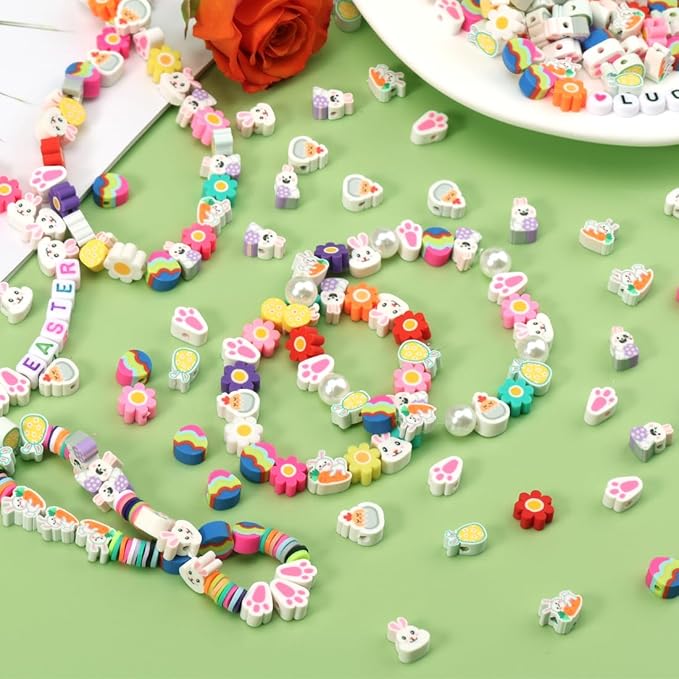 Easter Polymer Clay Bead for Bracelets, 300 Pieces Easter Beads Assorted Bunny Chick Egg Flower Shapes Beads Necklace Jewelry Making DIY Crafts