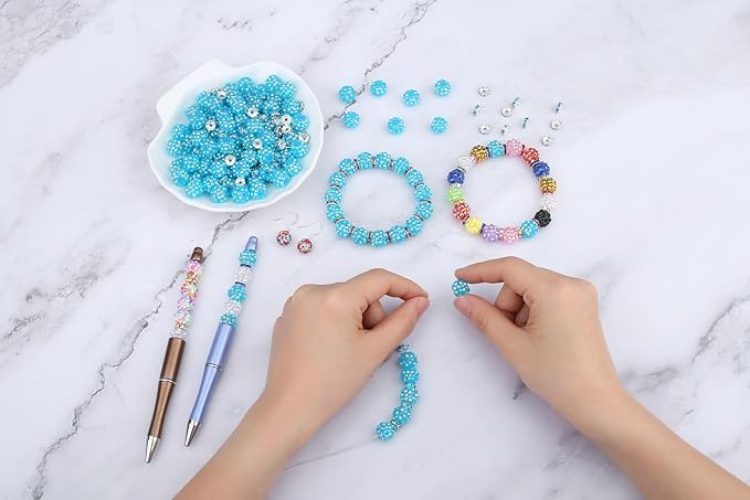 LAIDANLA 250pcs 12mm Blue Rhinestone Beads and 8mm Rondelle Spacer Beads for Beaded Pens, Sparkly Shamballa Disco Baseball Bead for Bracelets Making Necklaces Earring DIY Craft