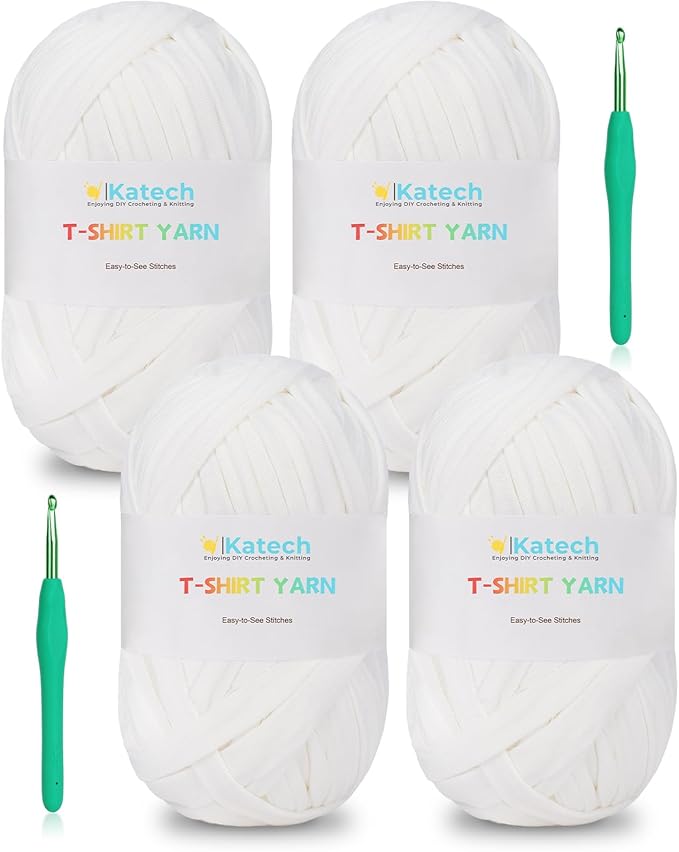 Katech 400g T-Shirt Yarn for Crocheting, 130 Yards Elastic Fabric Cloth for Knitting Bag, Basket, Cushion Projects - Super Easy for Beginners to Learn Crochet (White)