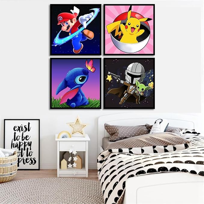 KOJEFCV 4 Pack Cartoon Paint by Number for Kids-Paint by Numbers for Kids Ages 4-8-12, DIY Paints with Numbers Easy Acrylic Oil Painting Kits for Home Wall Decor (8X8inch)