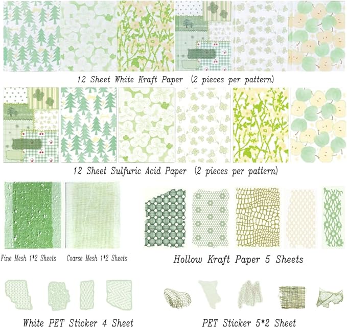 Diuhofart Scrapbook Textured Papers for Crafts, Green Theme Hollow Mesh Craft Paper Sticker, 47Pcs Collage Materials for Junk Journaling Supplies Scrapbooking
