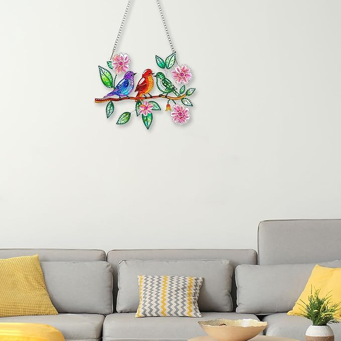 CEOVR Birds Hanging Diamond Art for Adults, Spring Birds Flower Diamond Painting Pendant DIY Gem Art Wall Hanging Ornament, Acrylic Home Garden Decor with Chain, Box Kit 7.87 * 6.29inch