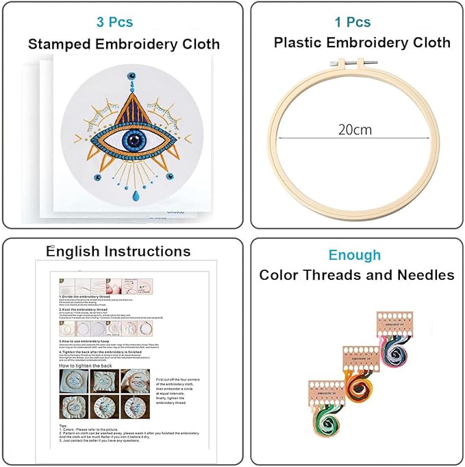 konrisa 3 pcs embroidery kits with tarot cards and eyes pattern, stamped embroidery starter kit for beginners adults needlepoint kits diy sewing cross stitch practice kit home decoration