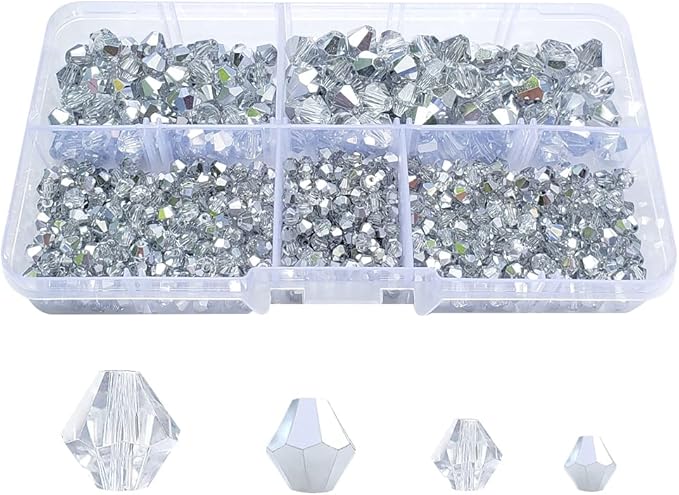 Translucent Silver Bicone Glass Beads for Jewelry Making, Faceted Crytal Spacer Beads for Bracelet Necklace Earring (3mm 4mm 6mm 8mm Mixed Sizes, 1040pcs)