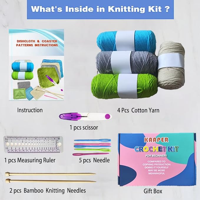 kaaper beginner knitting kit for adults - create 4 dishcloths & 4 coasters, all-in-one knitting for beginners kit with cotton yarn, bamboo needles & 8 patterns, handmade gift for diy craft lovers
