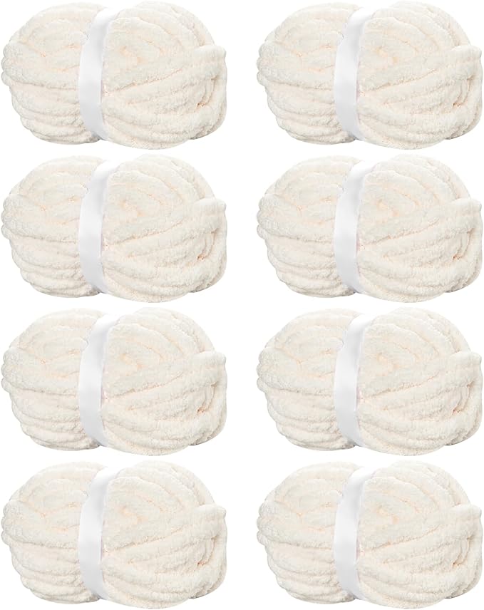 Chunky Chenille Yarn for Hand Knitting,Fluffy Soft Jumbo Yarn by Circular Needle & Crochet Hook,Super Bulky Big Yarn for Chunky Blanket,Large Thick Arm Knitting,8 Pack,Vintage White