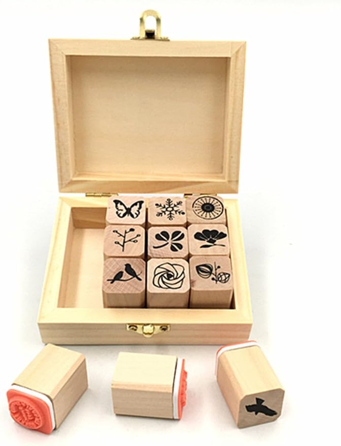 Diary Stamp Set,Wooden Rubber Signet for Children DIY Scrapbooking Planner Album Card Making(12pcs,Natural Elements)