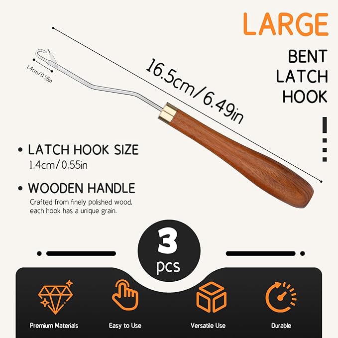 Giwrmu Latch Hook Tool, 3 Pcs Wooden Bent Latch Hooks, Crochet Hooks for Hair, Latch Hook Crochet Needle for Crochet Rug, Micro Braids, Hair Extension, Carpet Crafts