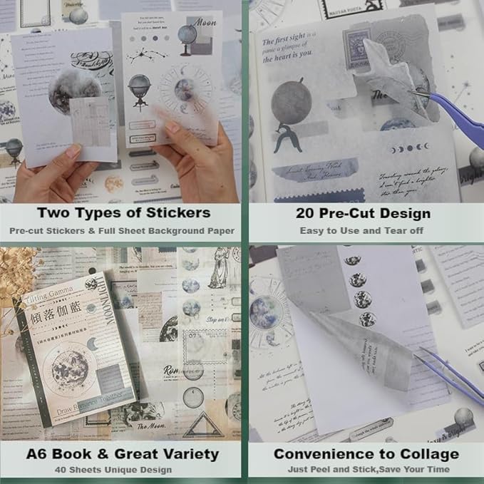 40 Sheets Vintage Washi Stickers Book for Adults, Scrapbook Ephemera with 180pcs Moon Stickers and 20 Adhesive Scrapbooking Papers, Bullet Junk Journaling Supplies