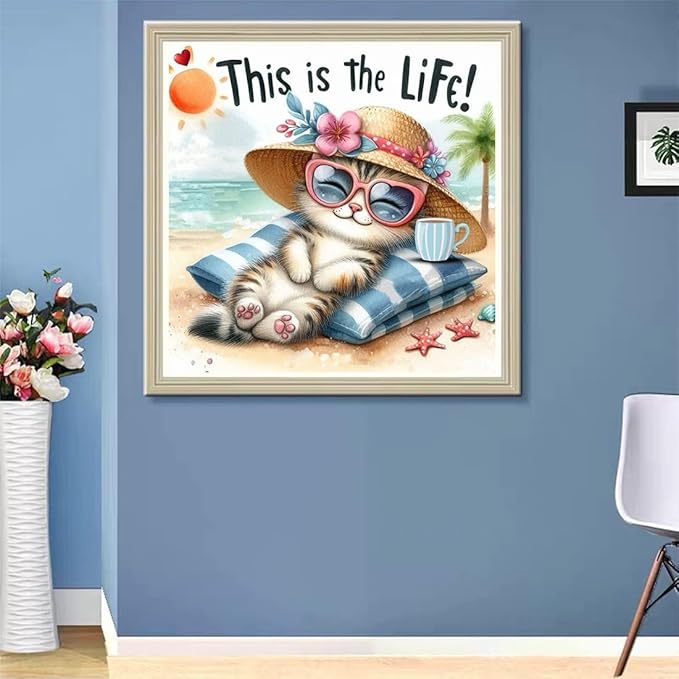 ijbnhd Diamond Art Kits for Adults,5D Cute Cat Diamond Painting Kits for Adults Beginners, DIY Full Round Drill Seaside Gem Arts Craft for Home Wall Decor 14 X 14Inch