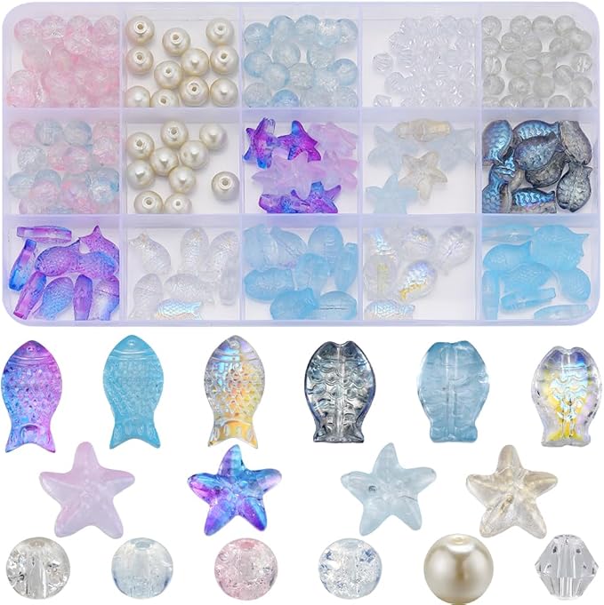 SUNNYCLUE 1 Box 250Pcs Bohemian Style Summer Ocean Glass Beads Bulk Blue Fish Double Sided Purple Starfish Bicone Beads 6mm 8mm Imitation Pearls Crackle Spacers for Jewelry Making Kits