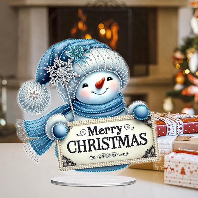 LAKEQUILL Christmas Diamond Painting Kits, Tabletop Ornament, Stand Up Diamond Art Desktop Kits for Home Office Decor, New Year Gift - Snowman (Blue)