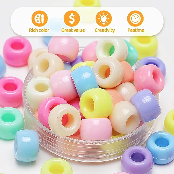 gaganiu pony beads 1100+ pcs – macaron plastic kandi beads in jar for bracelets, hair braids, jewelry making & diy crafts
