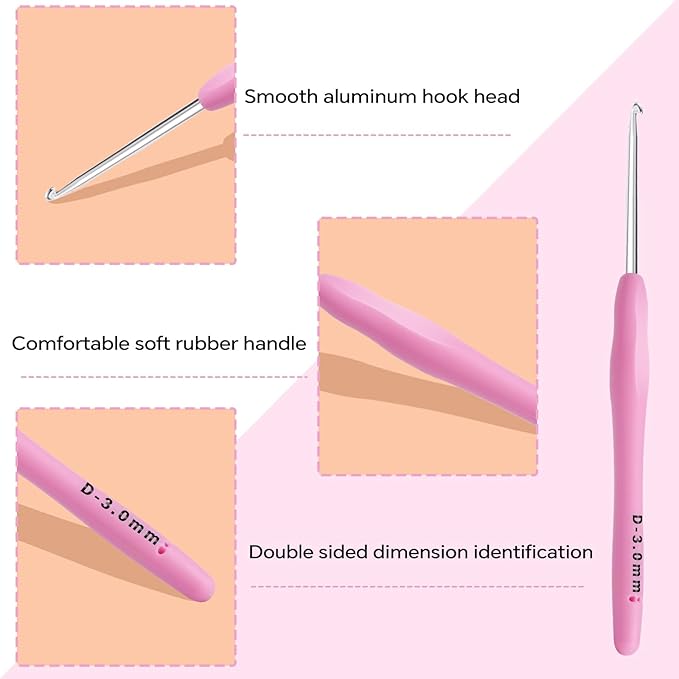3mm Crochet Hook, Ergonomic Crochet Hook, Smooth and Extra Long  Knitting Needles, with Soft Rubber Ergonomic Handle and Aluminum Tip, Perfect Beginner and Arthritic Crochet Hooks (3 mm)