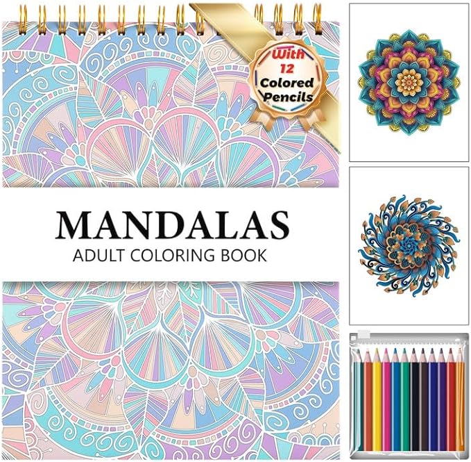Mandala Coloring Book for Adults 41 Unique Single Sided Patterns and 9 Blank Pages with 12 Colored Pencils Set 130GSM Thick Paper Stress Relief & Mindfulness Gift for Women Men, 8.5 X 11in