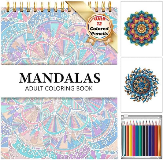 Mandala Coloring Book for Adults 41 Unique Single Sided Patterns and 9 Blank Pages with 12 Colored Pencils Set 130GSM Thick Paper Stress Relief & Mindfulness Gift for Women Men, 8.5 X 11in