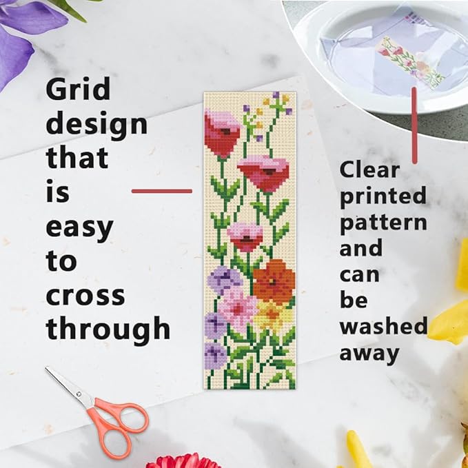 INFUNLY 6PCS DIY Flower Cross Stitch Bookmark Kit for Beginners 8.66"×3.15" Stamped Embroidery Bookmark Kit Hand Plant Bookmark Cross Stitch Kits with Instruction for Book Lovers Reader Writers