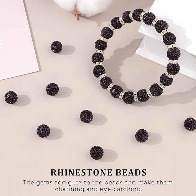 120pcs 10mm rhinestone beads for jewelry making, dark purple shiny round shamballa disco ball beads, sparkle crystal clay christmas for bracelet baseball necklace earring crafting and diy