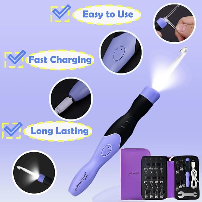 Yarniss 17 Sizes Lighted Crochet Hooks Set 2.5mm~14.0mm, Rechargeable Crochet Hook with Interchangeable Crochet Head
