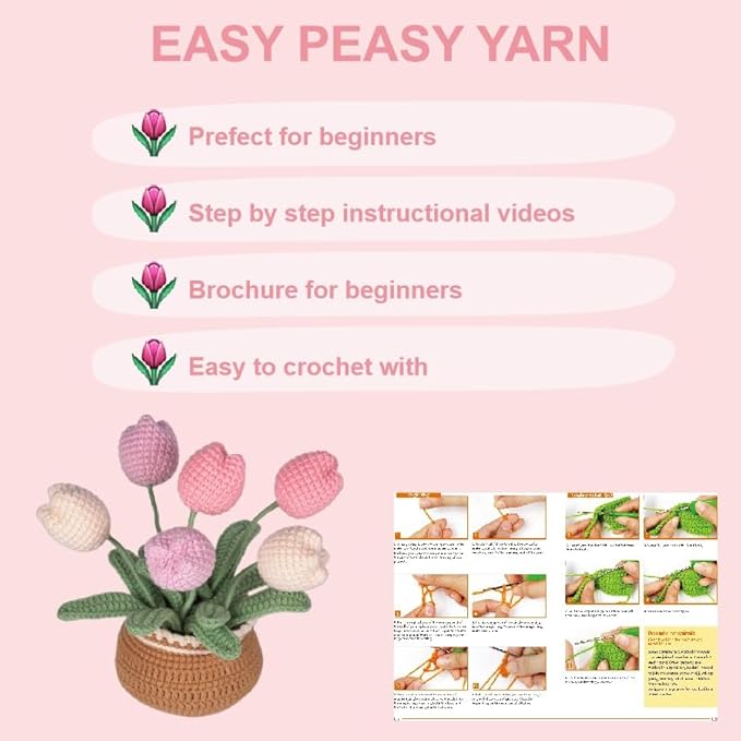 Pink Tulip Crochet Kit – Romantic Spring Home Decor & Mothers Day Gift | Beginner-Friendly DIY with Video Tutorial | Elegant Artificial Flower Plant