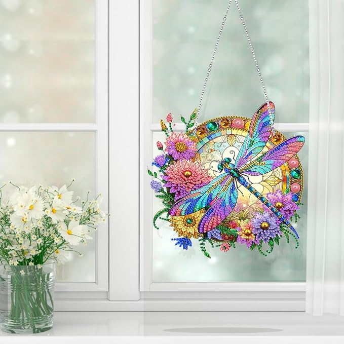 Koikify Diamond Painting Kits Hanging Pendant, Flower & Dragonfly Crystal Diamond Art Hanging Sign, Double-Sided Pattern Craft Ornament for Home Decoration and Gift