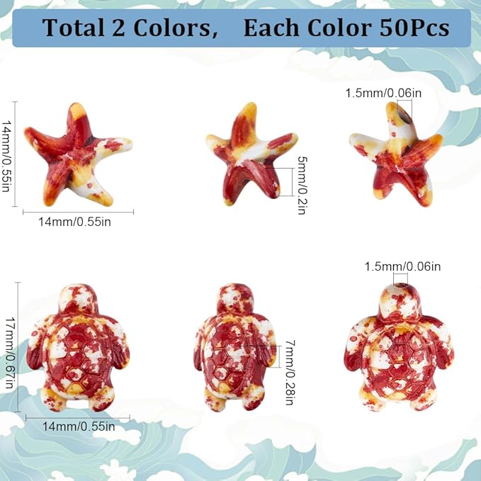 SUNNYCLUE 100PCS 2 Styles Red Turquoise Animal Beads Turtle Starfish Beads Summer Hawaii Ocean Animals Sea Life Lucky Gemstone Loose Spacer Beads for Jewelry Making Beading Kit Bracelets Craft Supply