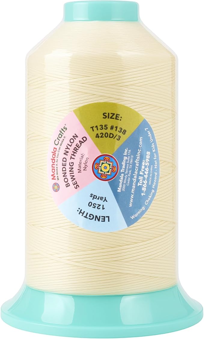 Mandala Crafts Size 138 420D T135 Bonded Nylon Thread - Ivory 1250 YDs Tex 135 Heavy Duty Sewing Threads for Leather, Jeans, Weaving, Outdoor Marine Upholstery