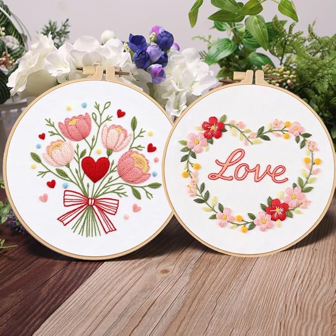 Konrisa 3pcs Love Flower Embroidery Kits for Beginners Adults, DIY Sewing Needlepoint Cross Stitch Kits for Anniversary Valentine's Day, Brithday, Christmas and Home Decoration