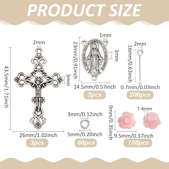 PH PandaHall Rosary Making Supplies, 446pcs Pink Rose Beads with Cross Charms Rosary Prayer Making Supplies First Communion Necklace Set for Christmas Baptism Easter Ramadan Necklace Jewelry Making