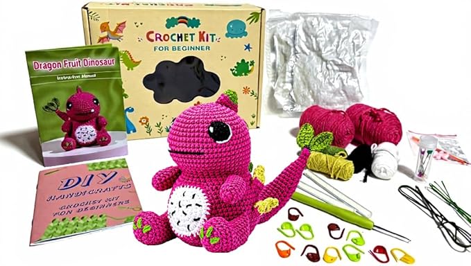 Kovarela Beginners Crochet Kit with Simple Crochet Yarn - with Step-by-Step Video Tutorials (Red Dinosaur)