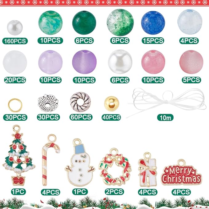 SUNNYCLUE 1 Box 438Pcs 4 Sets Christmas Charms Beading Bracelets Making Kit Double Layered Bracelet Enamel Christmas Tree Charm Snowman Holiday Charms Glass Beads for Jewelry Making Kits Women