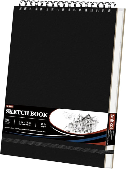 9" x 12" Sketch Book, Top Spiral Sketchbook Hardcover, 68lb/100gsm Drawing Paper Pad & Sketch Paper, 1-Pack Sketch Pads for Drawing for Adults, Professional Art Supplies for Teens & Artist Gifts.