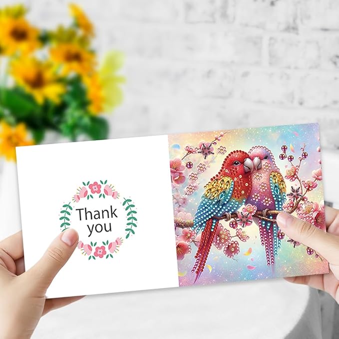 6 Pack 5D DIY Diamond Painting Parrot On Tree Greeting Card Kit, Diamond Art Christmas Birthday Holiday Greeting Card, Art Crafts Kit Creative Gift with Envelope